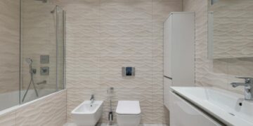 Elegant modern bathroom with minimalist design and stylish fixtures.