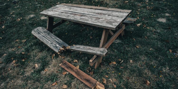 Weathered picnic table in an overgrown park setting, showcasing the beauty of decay and nature's reclaiming.