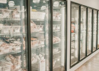 Frozen meats in a retail freezer with transparent doors and organized sections.