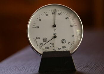 Close-up of an analog hygrometer and thermometer displaying temperature and humidity indoors.