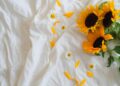 Vibrant sunflowers and daisies lie on smooth white bedding, capturing a sense of tranquility.