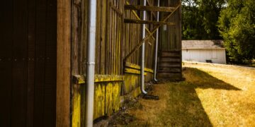 A rustic barn with rain gutters in a sunny rural setting, capturing rustic charm.
