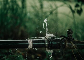 A detailed view of a leaking water pipe in a lush green garden setting.