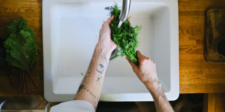 Tattooed hands washing fresh herbs in a kitchen sink, highlighting daily culinary routines.