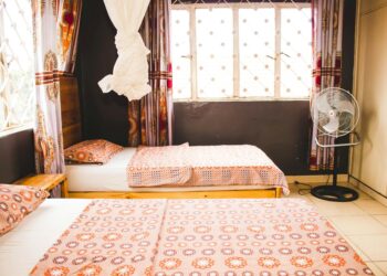 Inviting room with patterned bedding and mosquito netting in a sunny Kampala setting.