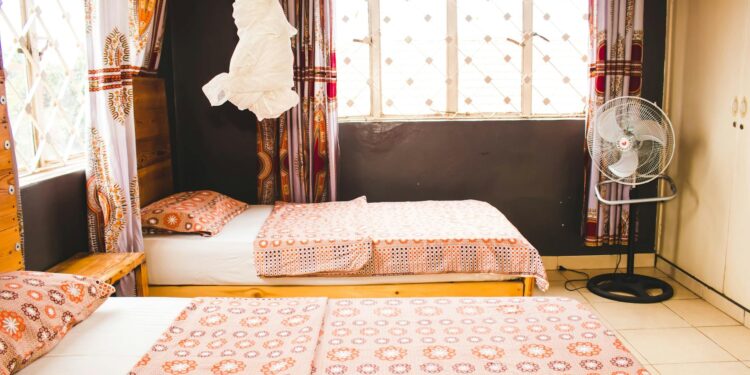 Inviting room with patterned bedding and mosquito netting in a sunny Kampala setting.