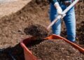 A person shovels compost into a red container, preparing soil for gardening.