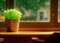 A lush green potted plant bathes in sunlight on a wooden windowsill.