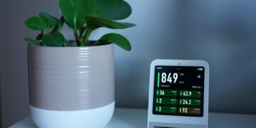 Air quality monitor next to a potted plant on a desk, showing CO2 and PM2.5 levels.