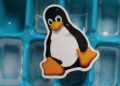 Close-up of a Linux penguin sticker placed on a blue ice cube tray with frozen cubes.