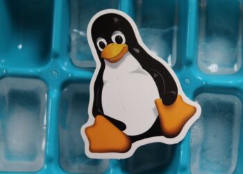 Close-up of a Linux penguin sticker placed on a blue ice cube tray with frozen cubes.