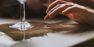 A close-up shot of a hand touching a water droplet next to a glass on a wooden surface.