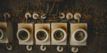 Close-up of vintage ceramic electrical switches, showcasing industrial decay and retro design.