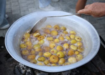 Large outdoor pot boiling yellow plums. Traditional cooking process with hand stirring.