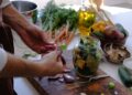 Close-up of hands preparing pickled vegetables in a jar with fresh carrots and cucumbers.