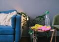 Latex gloves and spray detergent placed on table in stylish living room in daytime