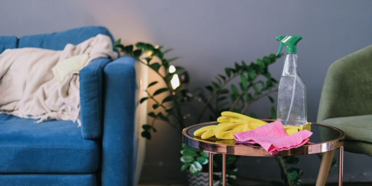 Latex gloves and spray detergent placed on table in stylish living room in daytime