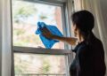 A woman cleans a window using a blue microfiber cloth providing a streak-free shine.