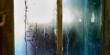 Close-up of a moist wooden window pane with condensation creating artistic streaks in Leiden, Netherlands.