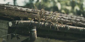 Ferns growing on a mossy roof in São Paulo create a rustic, natural scene.