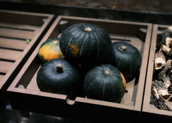A rustic wooden box filled with fresh Kabocha squash, ideal for autumn cuisine.