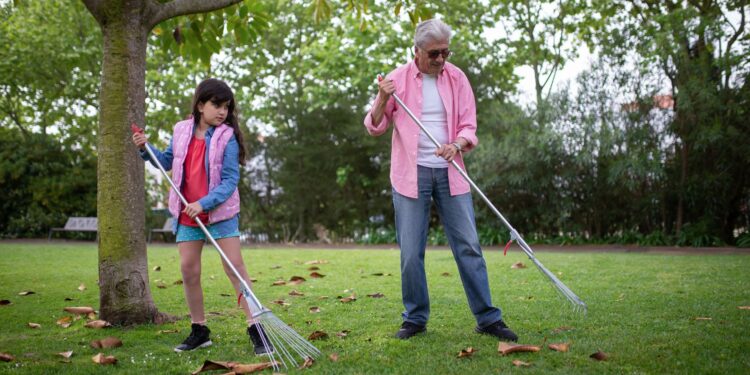 Warm family moment outdoors with grandfather and granddaughter raking leaves in a park.