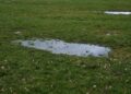 Tranquil view of a lush grassland with fresh rain puddles in Greystoke, England.