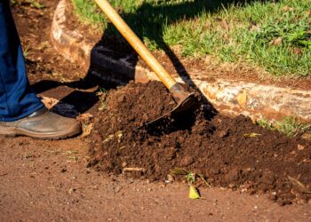 Close-up of gardener working soil using a hoe in Londrina, Brazil.