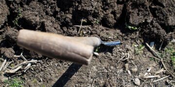 A shovel in freshly turned soil, ideal for gardening or farming themes.