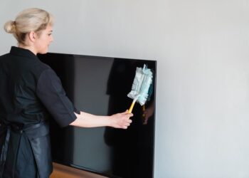 A female housekeeper performing dusting on a television screen indoors.